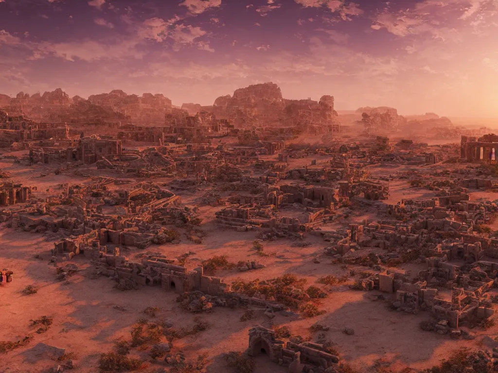 Image similar to desert scattered with ruins of ancient cities，scarlet sea in the distance, a lonely swordsmen walking by the sea, hdr, ue5, unreal engine 5, cinematic 4k wallpaper, ultra detailed, high resolution, Pixiv, award winning.