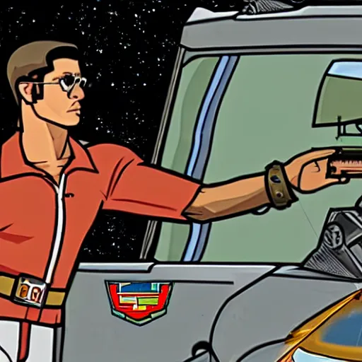 Image similar to archer from archer in space driving a cadillac