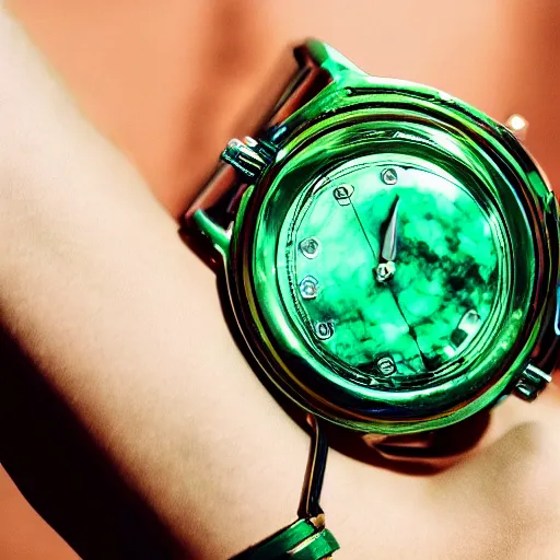 Prompt: a complicated watch locked inside an hourglass, underwater, realism, green tint,