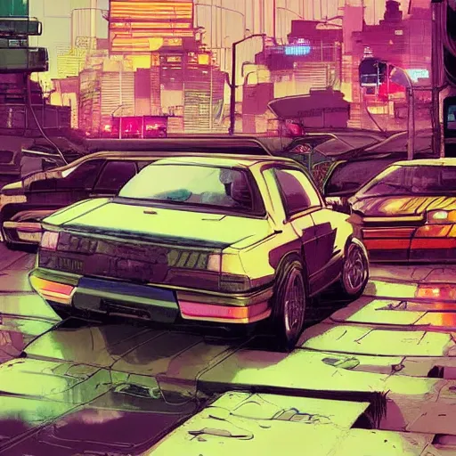 Prompt: Masamune Shirow simon stalenhag exterior armored honda civic crx street neo tokyo cyberpunk. ian mcque ink calligraphy art James Gilleard.