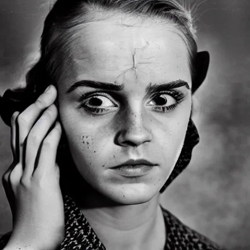 Image similar to deformed irradiated emma watson with acute radiation sickness flaking, melting, rotting skin wearing 1950s clothing in a 1950s nuclear wasteland. Group is living in a nuclear reactor. Photo is black and white award winning photo highly detailed, highly in focus, highly life-like, facial closeup taken on Arriflex 35 II, by stanley kubrick