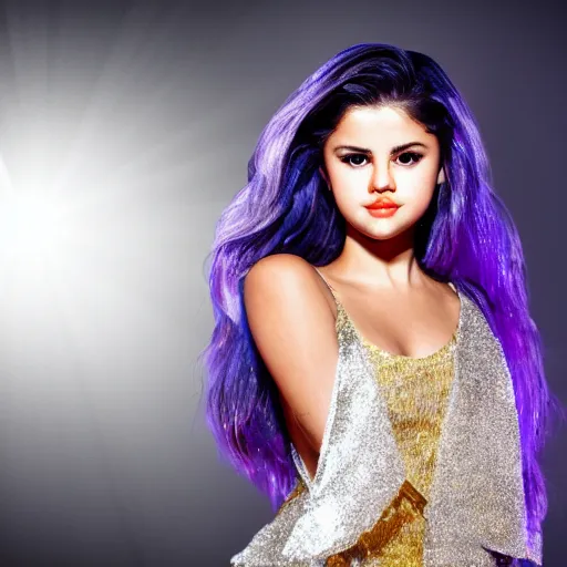 Prompt: Selena Gomez with silver-violet hair, white eyes and golden glittery dress, wide lens, diorama, 4k,