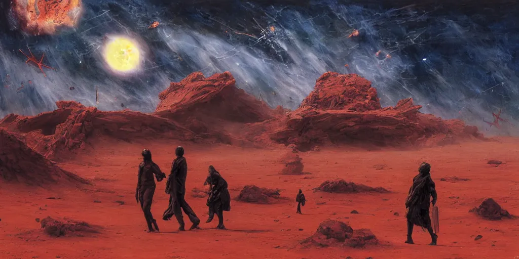 Image similar to supernova, neo brutalism space station, people wandering in the red desert, scarlet moon, dark atmosphere, tragedy, terror, stars, painted by steve mccurry, ruan jia, raymond swanland, lawrence alma tadema, zdzislaw beksinski, norman rockwell, jack kirby, tom lovell, alex malveda, greg staples