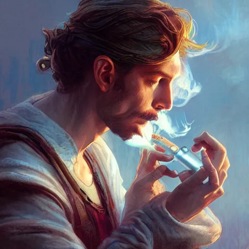 Prompt: a man vaping , D&D, fantasy, intricate, cinematic lighting, highly detailed, digital painting, artstation, concept art, smooth, sharp focus, illustration, art by Artgerm and Greg Rutkowski and Alphonse Mucha