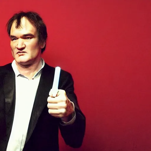 Prompt: quentin tarantino giving his thumbs up with his left hand, raising a lightsaber with his right hand. red background. cinematic trailer format.