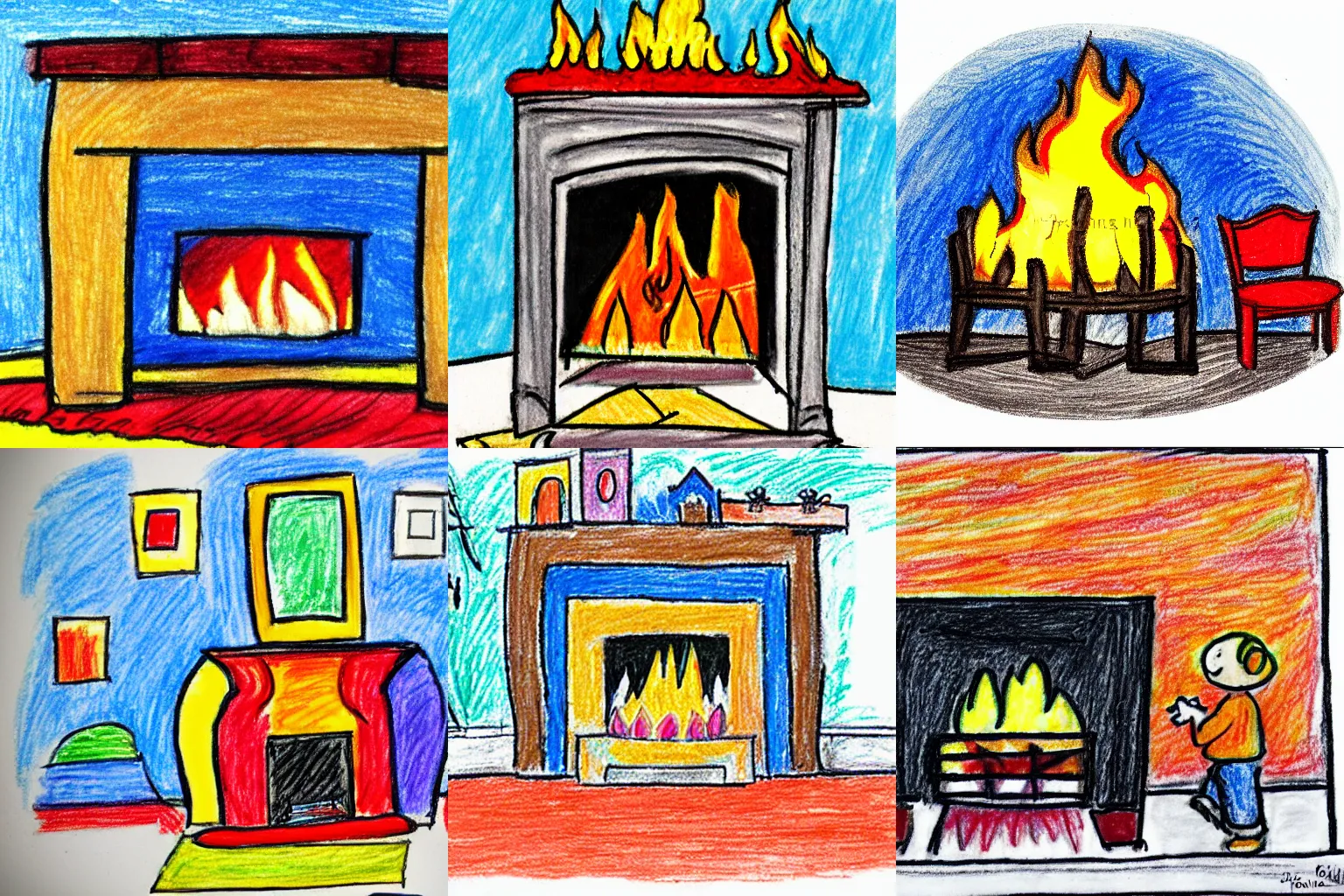 Prompt: child's crayon drawing of a fireplace