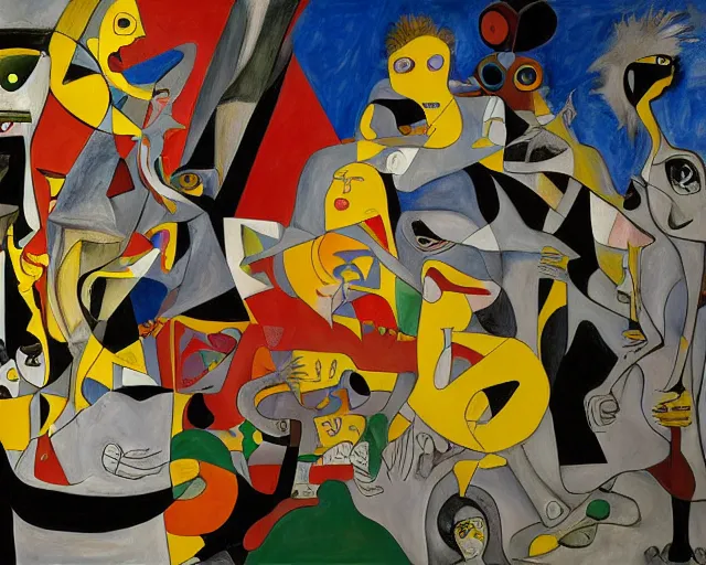 Image similar to a painting of guernica with characters from an os gemeos painting by graham sutherland, egon schiele, gustav klimt, joan miro, basquiat, expressionism