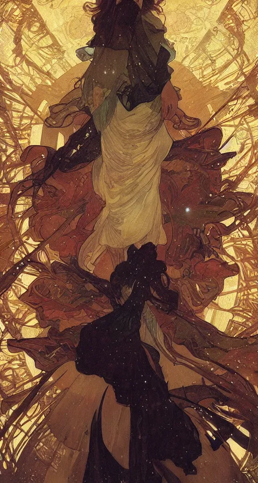 Image similar to the star tarot card with a male, the star tarot card with a male, the star tarot card with a male, elegant, dramatic lighting, graphic art, volumetric lighting, by Krenz Cushart and Artem Demura and Alphonse Mucha