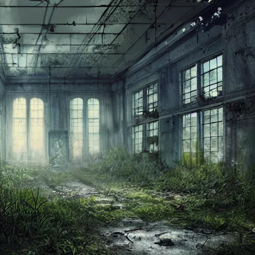 Image similar to abandoned high school overtaken by plants and nature and rot, artstation, high quality, detailed, eerie atmosphere