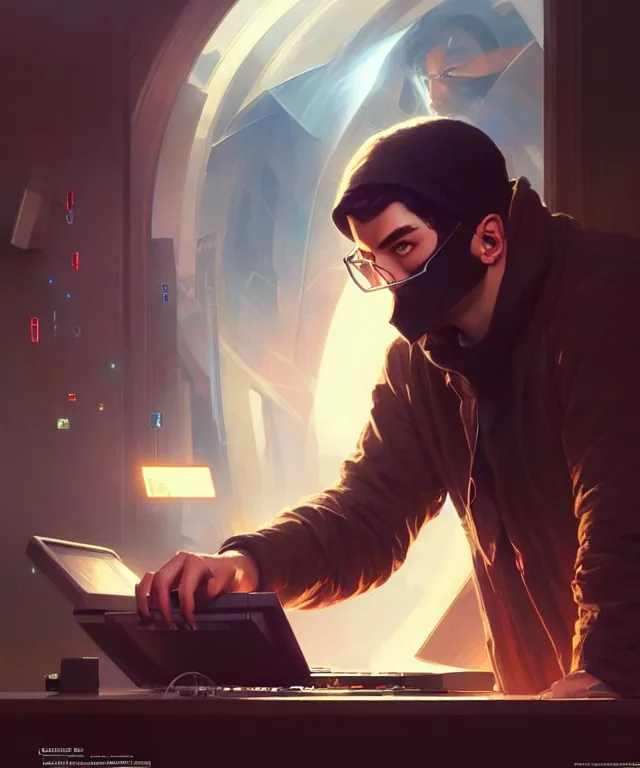 Image similar to Hacker man hacks computer, highly detailed, digital painting, artstation, concept art, smooth, sharp focus, illustration, art by artgerm and greg rutkowski and alphonse mucha