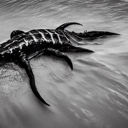 Image similar to award-winning, black and white photograph of a sea monster, extremely detailed