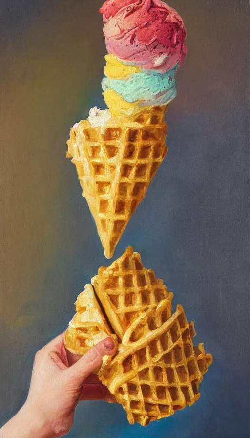 Image similar to still-life painting of a hand holding a waffle cone containing 3 scoops of colorful gelato by Peder Krøyer, lush garden, golden hour, dramatic lighting, volumetric lighting, intricate detail, canvas print