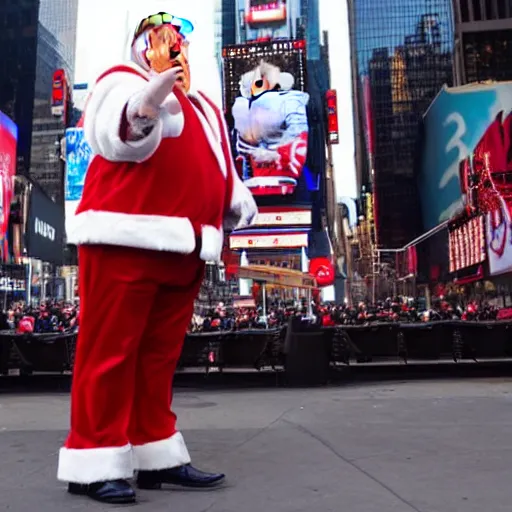 Image similar to Donald Trump dressed as Santa Claus in Time Square, New York