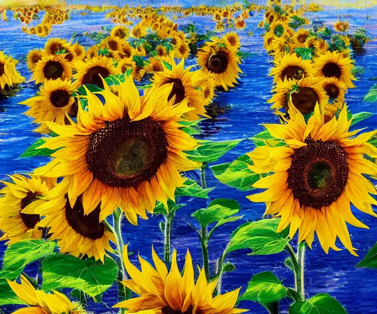 Image similar to sunflowers, william henrits, hovik zohraybyan, water painting, bright colors, sunlight, happy, peaceful, serene, joy