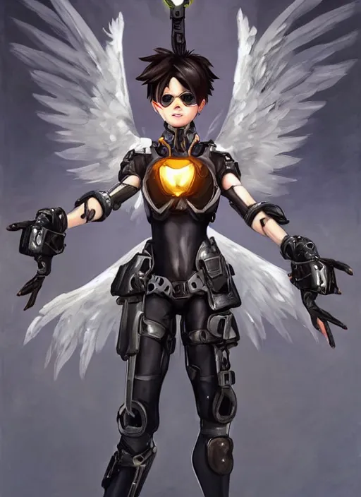 Prompt: full body artwork of tracer overwatch, wearing leather outfit, in style of zdzisław beksinski, angel wings, dramatic painting, wearing detailed steel collar, black shiny armor, chains, black harness, detailed face and eyes,