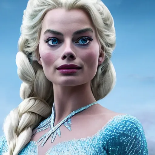 Image similar to Margot Robbie as Elsa in disney frozen live action, 8k full HD photo, cinematic lighting, anatomically correct, oscar award winning, action filled, correct eye placement,