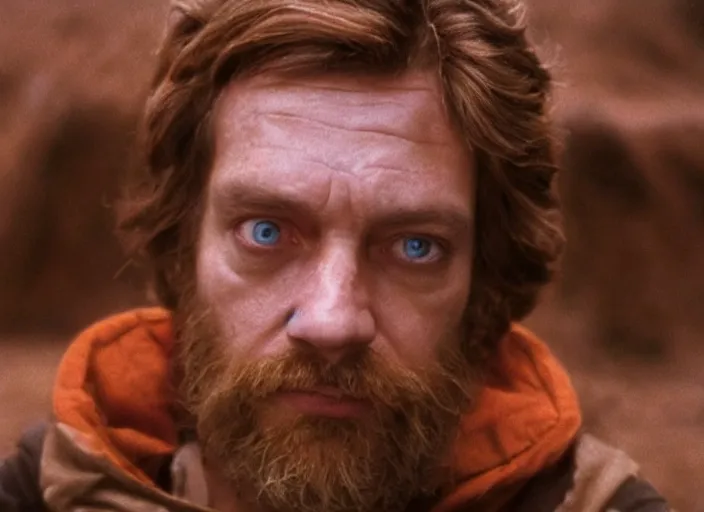 Prompt: portrait of Mark Hammill, screenshot from the iconic scene from the lost star wars 1980s film directed by Stanley Kubrick, cinematic lighting, unsettling set design with extreme detail, moody cinematography, with anamorphic lenses, crisp, detailed, 4k image