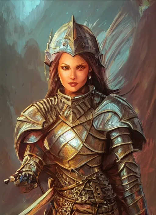 Image similar to female knight, ultra detailed fantasy, dndbeyond, bright, colourful, realistic, dnd character portrait, full body, pathfinder, pinterest, art by ralph horsley, dnd, rpg, lotr game design fanart by concept art, behance hd, artstation, deviantart, hdr render in unreal engine 5