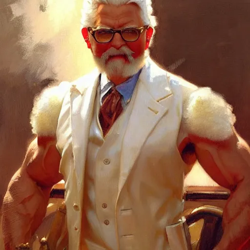 Prompt: bodybuilder colonel sanders, highly detailed painting by gaston bussiere, craig mullins, j. c. leyendecker, 8 k