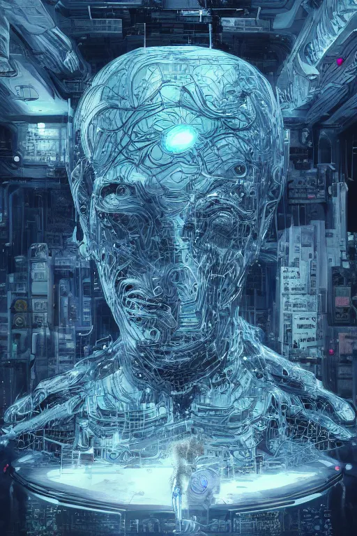 Image similar to the most amazing dream you ever had about transhumanism head artificial intelligent singularity, moebius, hyper realistic, concept art, intricate, hyper detailed, smooth, jim lee, high contrast, neon, volumetric lighting, octane, raytrace, snowcrash,