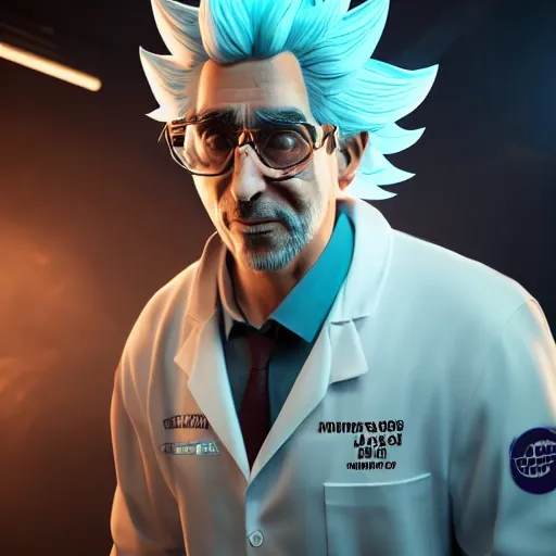 Image similar to portrait art of rick sanchez, lab coat, unibrow, 8 k ultra realistic, lens flare, atmosphere, glow, detailed, intricate, full of colour, cinematic lighting, trending on artstation, 4 k, hyperrealistic, focused, extreme details, unreal engine 5, cinematic, masterpiece