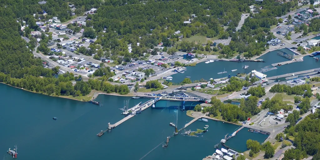 Image similar to bird's eye view of a city, trailer park, a road, bridge, and lagoon with docking area.