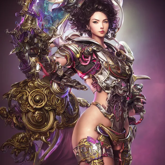 Image similar to studio portrait of lawful good colorful female holy mech paladin as absurdly beautiful, elegant, young sensual gravure idol, ultrafine hyperrealistic detailed face illustration by kim jung gi, irakli nadar, intricate linework, sharp focus, bright colors, matte, octopath traveler, final fantasy, unreal engine highly rendered, global illumination, radiant light, intricate environment