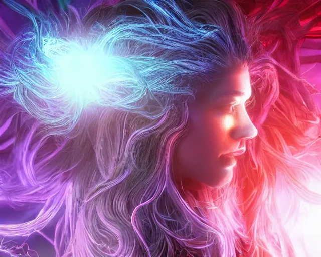 Image similar to glowing hair, complex cybernetic beings, beautiful hairy humanoids, cybermagnetosphere, cybernetic civilizations, ornate hair, love, joy, vortexes, large arrays, data holograms, 8 k, cinematic light shadows, wet hdr refractions, *, * * *, * * * * *