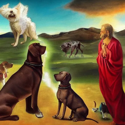 Image similar to the god of dogs from the heaven talking to his dog nation, illustration, 8 k, oil painting,