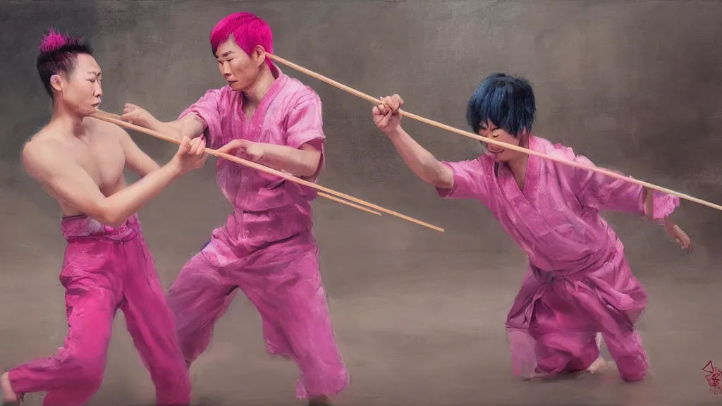 Prompt: asian person with chopsticks fighting a person with pink hair, cinematic, 4 k, oil painting