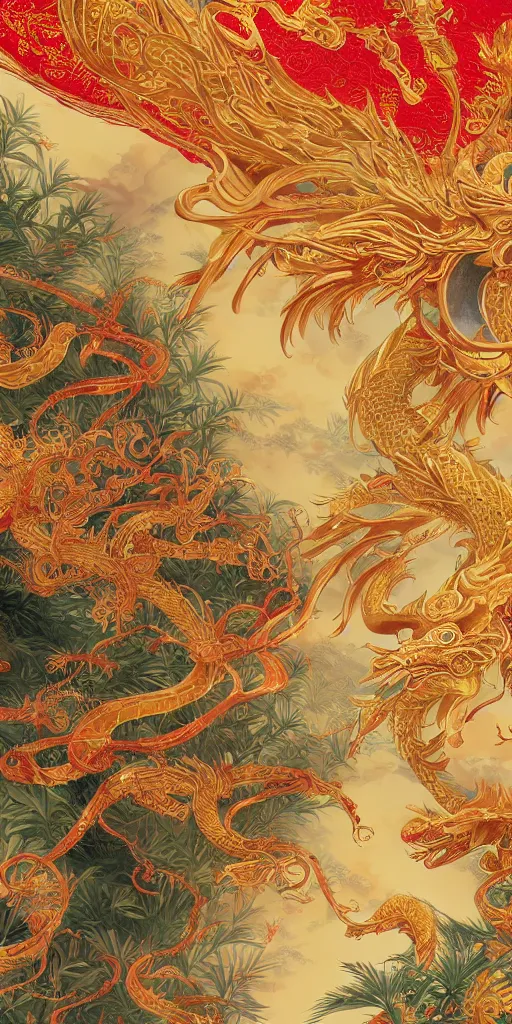 Image similar to golden paper + an intricate chinese dragon depiction + elaborate red illustration by wu daozi, makoto shinkai, tang yin, very detailed, deviantart, 8 k vertical wallpaper, tropical, colorful, airy, anime illustration, anime nature wallpap