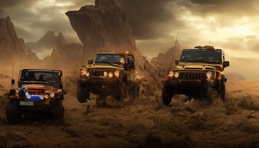 Image similar to Mahindra thar, tribe members attacking, action scene, an epic fantasy, dramatic lighting, cinematic, establishing shot, extremely high detail, photorealistic, cinematic lighting, artstation, by christopher nolan, horizon forbidden west