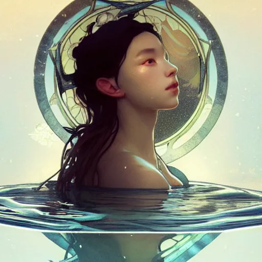 Prompt: a triangle - headed water snake in the black pond, a white rose petal floating on the surface ross tran greg rutkowski alphonse mucha artgerm atmospheric lighting unreal render octane render beautiful