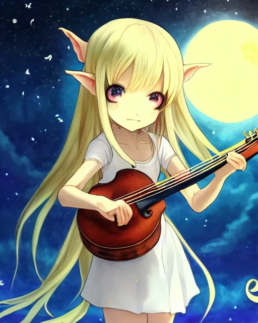 Image similar to chibi, cute, female, full body, elf girl with white skin and golden long wavy hair, holding a violin and playing a song, stunning art style, filters applied, lunar time, night sky, trending art, sharp focus, centered, landscape shot, fate zero, simple background, studio ghibly makoto shinkai yuji yamaguchi, by wlop