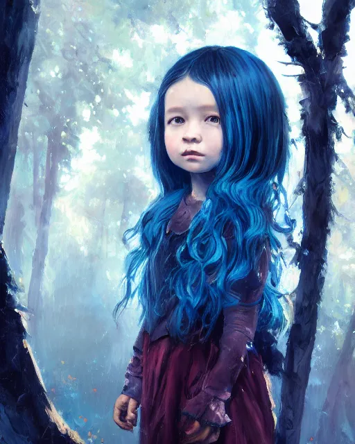 Image similar to a highly detailed oil painting of A little girl, in professional makeup, with medium length blue hair covering an eye, and a tall tree, and large obsidian crystals, cinematic lighting, dramatic atmosphere, by Dustin Nguyen, Akihiko Yoshida, Greg Tocchini, Greg Rutkowski, Cliff Chiang, 4k resolution, trending on artstation