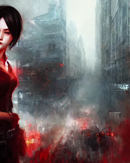 Image similar to battle hardened, sly, cunning, rugged ada wong, face centered portrait, red dinner dress, confident, ruined cityscape, zombies, fog, rain, volumetric lighting, soft light particles floating near her, illustration, perfectly shaded, soft painting, art by krenz cushart and wenjun lin