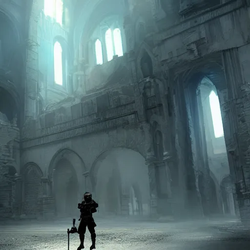 Prompt: a futuristic soldier entering into a ruined futuristic cathedral, unreal engine fantasy art, fog, volumetric lightning, nighttime, hd, 8k