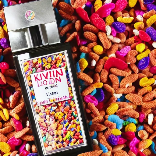 Image similar to a bottle of By Kilian 'Love Don't Be Shy' perfume, the bottle of perfume is laying on cereal, the cereal is Kelloggs Fruity Pebbles, high resolution photo,