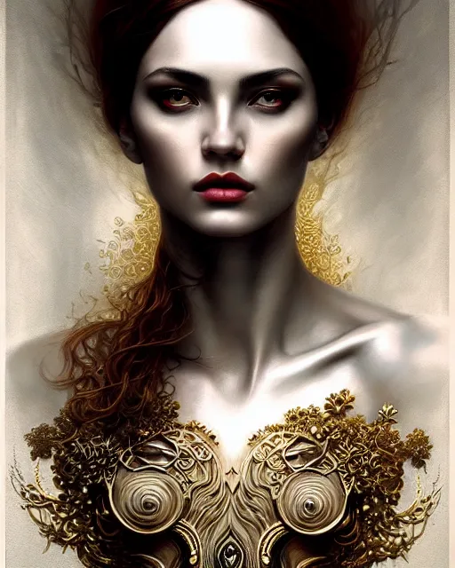 Prompt: portrait of a beautiful goddess, enigmatic beauty, dominant shades of grey, gold, silver, dark red, white, head in focus, fantasy art, ornamental aesthetics, intricate, elegant, highly detailed, hyperrealistic painting, artstation, concept art, painterly, sharp focus, illustration, art by karol bak