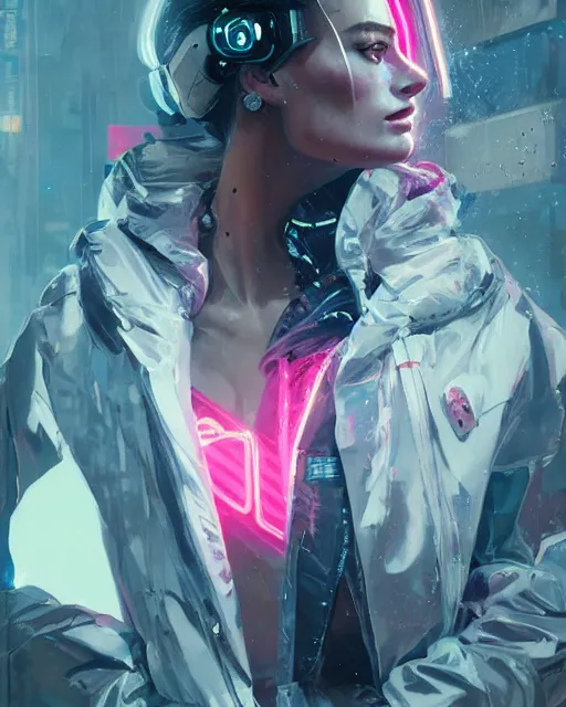 Image similar to neon operator margot robbie, cyberpunk futuristic neon, reflective puffy coat, decorated with traditional japanese ornaments by ismail inceoglu dragan bibin hans thoma greg rutkowski alexandros pyromallis nekro rene maritte illustrated, perfect face, fine details, realistic shaded, fine - face, pretty face