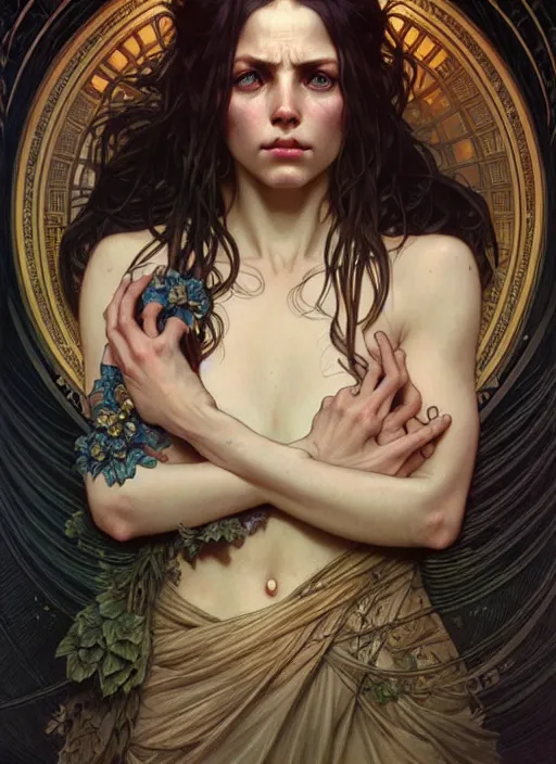 Image similar to lovely woman in distress, black shiny eyes, ultra realistic, concept art, intricate details, eerie, highly detailed, photorealistic, 8 k, unreal engine. art by artgerm and greg rutkowski and magali villeneuve, alphonse mucha
