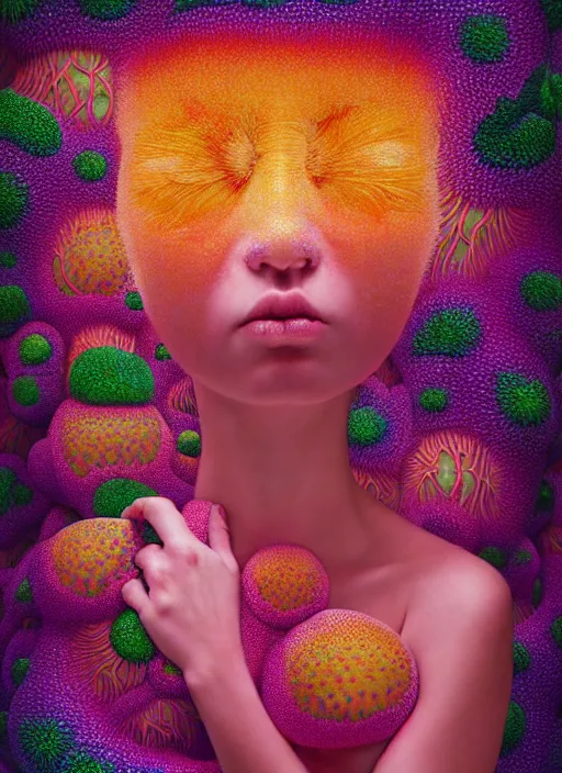 Image similar to hyper detailed 3d render like a Oil painting - kawaii portrait Aurora (black haired Fae) seen shocked and Eating of the Strangling network of yellowcake aerochrome and milky Fruit and Her delicate Hands hold of gossamer polyp blossoms bring iridescent fungal flowers whose spores black the foolish stars by Jacek Yerka, Mariusz Lewandowski, Houdini algorithmic generative render, Abstract brush strokes, Masterpiece, Edward Hopper and James Gilleard, Zdzislaw Beksinski, Mark Ryden, Wolfgang Lettl, hints of Yayoi Kasuma, octane render, 8k