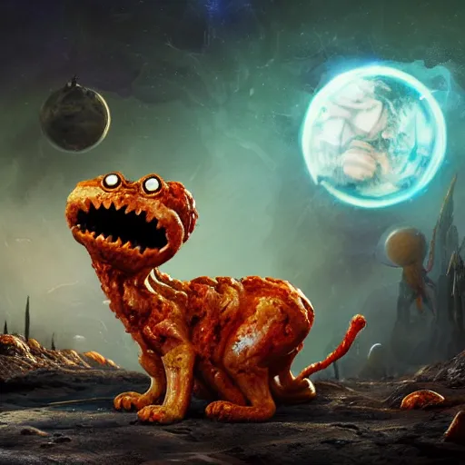 Image similar to eldritch horror bloody garfield in space, hd, 8 k, giant, epic, realistic photo, unreal engine, stars, prophecy, powerful, cinematic lighting, destroyed planet, debris, violent, sinister, ray tracing, dynamic, epic composition, dark, horrific, teeth, grotesque, monochrome drawing, hellscape