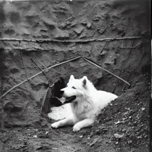Prompt: a samoyed dog wearing a soldier helmet in a ww1 trench, grainy photo