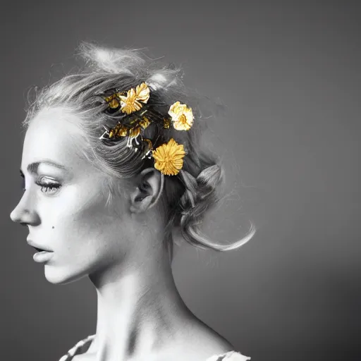 Prompt: vintage photograph of an olive skinned blonde female model in her twenties, her hair pinned up with flowers, wearing a designer top, looking content, focused on her neck, photo realistic, extreme detail skin, natural beauty, no filter, slr, golden hour, 8 k, high definition, selfie