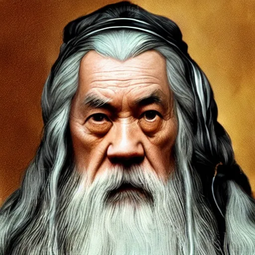 Image similar to a still from “ lord of the rings ” of a head and shoulders portrait of master tang as gandalf, photo by phil noto