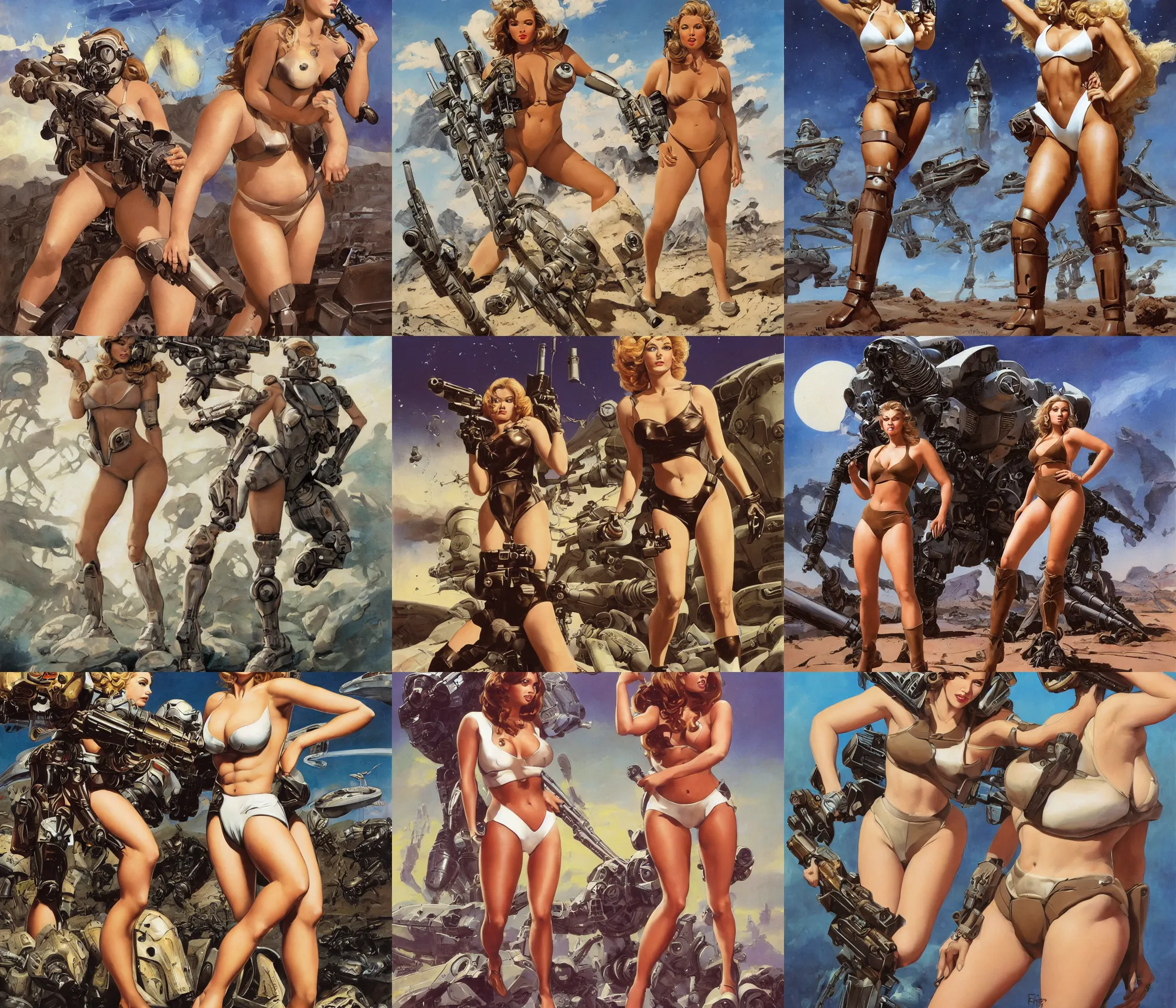Prompt: A mixed media portrait painting of a very beautiful light-brown-haired woman on an alien planet, very curvy, aesthetic! high-waisted white-bikini-armor and boots, starship-troopers-rifle, bombshell, aesthetic symmetrical face and eyes, model, wet, pacific-rim-mech in background, by Frank Frazetta, Boris Vallejo, Beeple, Greg Rutkowski, Christian MacNevin, eighties pinup style, goddess, epic fantasy character art, high fantasy, CGsociety, exquisite detail, post-processing, masterpiece, cinematic
