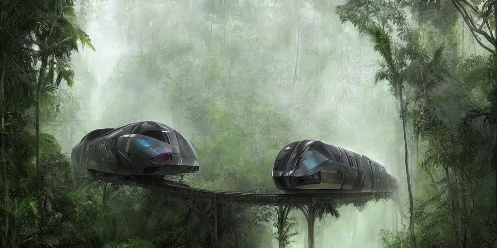 Prompt: futuristic train in the mist of the jungle, artstation, james gurney