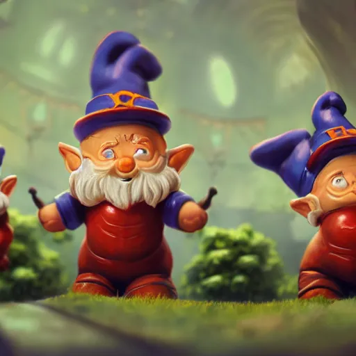 Image similar to garden gnomes as ghostbusters, intricate, highly detailed, digital painting, artstation, symmetrical, concept art, smooth, sharp focus, illustration, unreal engine 5, 8 k,