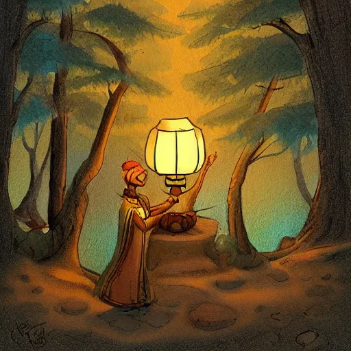 Image similar to a genie’s lamp surrounded by forest, fantasy illustration